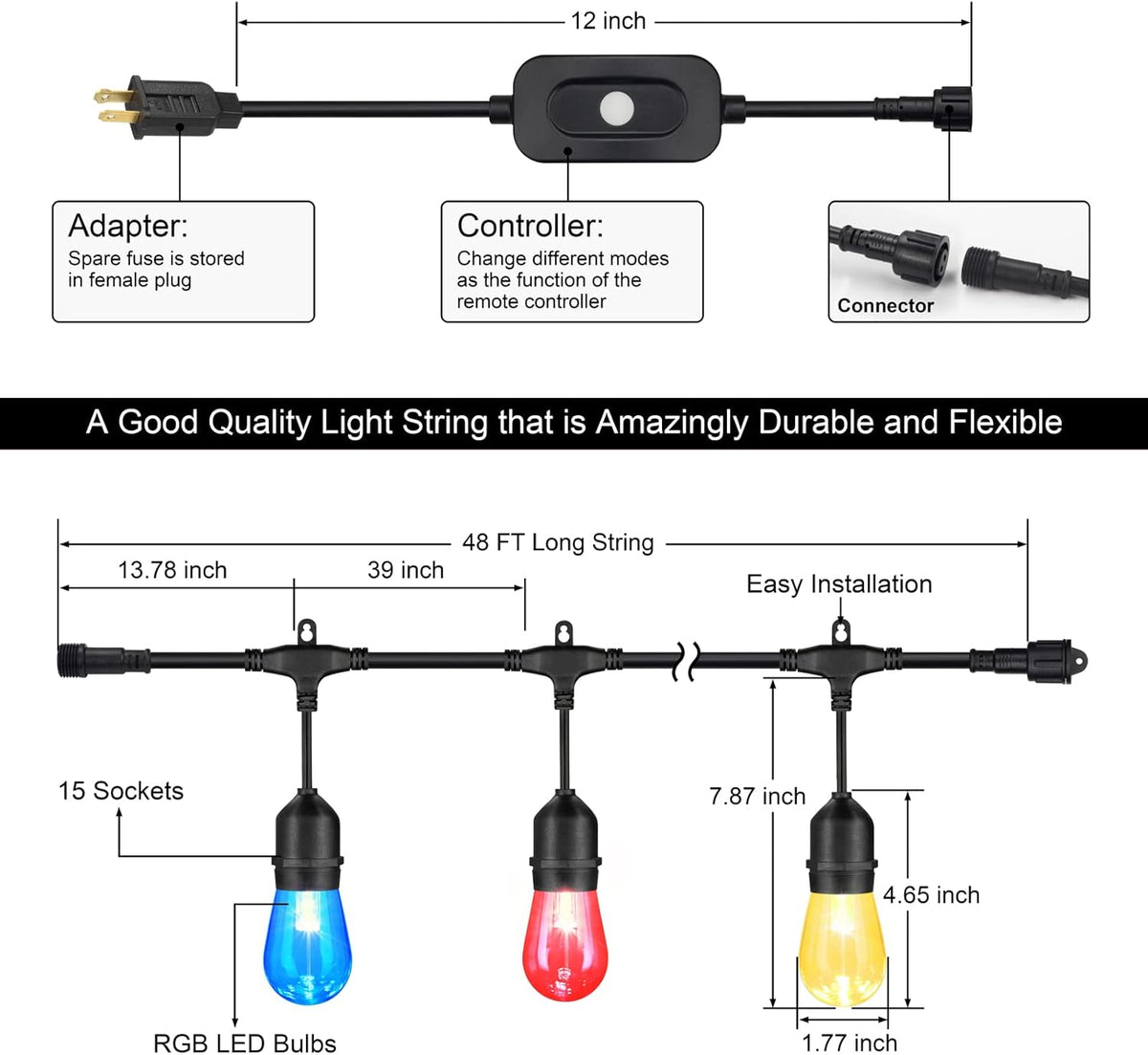 48FT RGB Cafe String Lights with 18 Shatterproof Edison Bulbs D408087