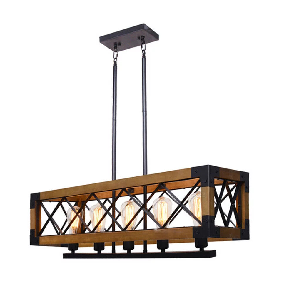 5-Lights Wooden Rectangle Pendant Light Fixture M1595