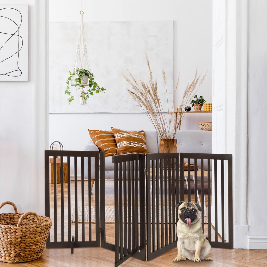 Espresso 4-Panel Freestanding Wooden Pet Gate with Walk Through Door S84487