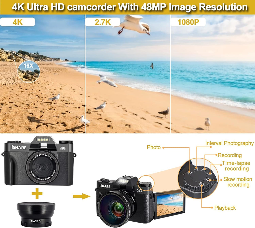 4K 48MP Digital Camera with 3.0 inch 180Deg Flip Screen and 2 Batteries B89965
