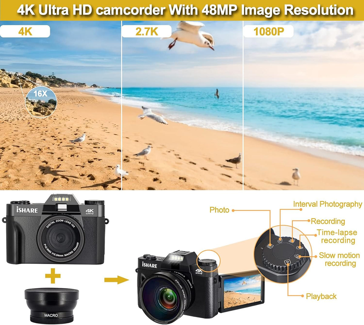 4K 48MP Digital Camera with 3.0 inch 180Deg Flip Screen and 2 Batteries B89965