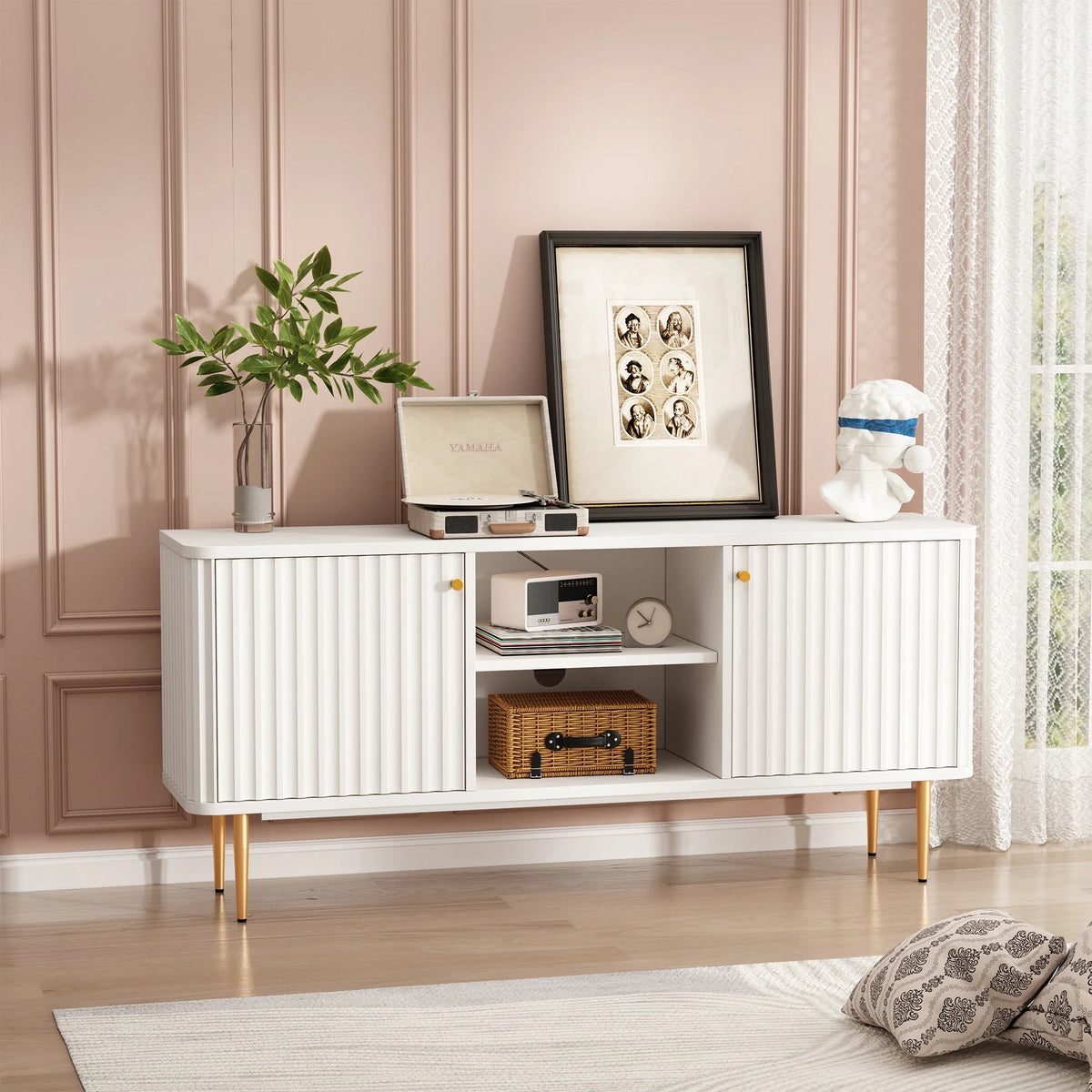 Mid Century Modern White TV Stand with Storage U733029