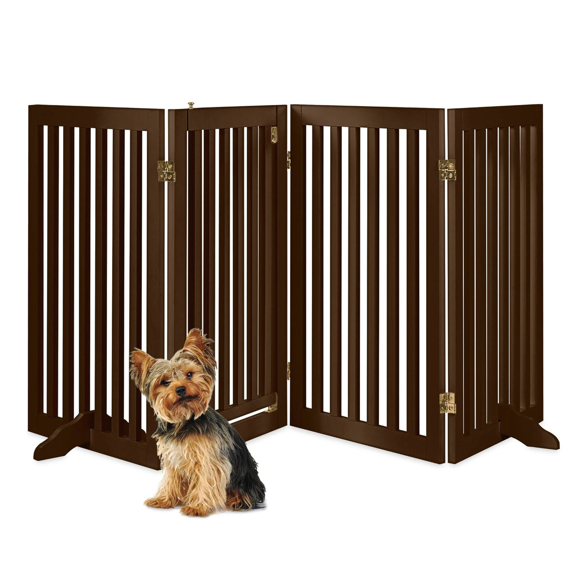 Espresso 4-Panel Freestanding Wooden Pet Gate with Walk Through Door S84487