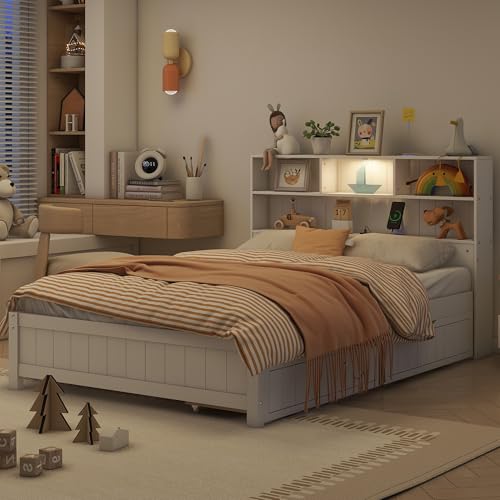 White Twin Size Platform Bed with Bookcase Headboard and 2 Storage Drawers G43032