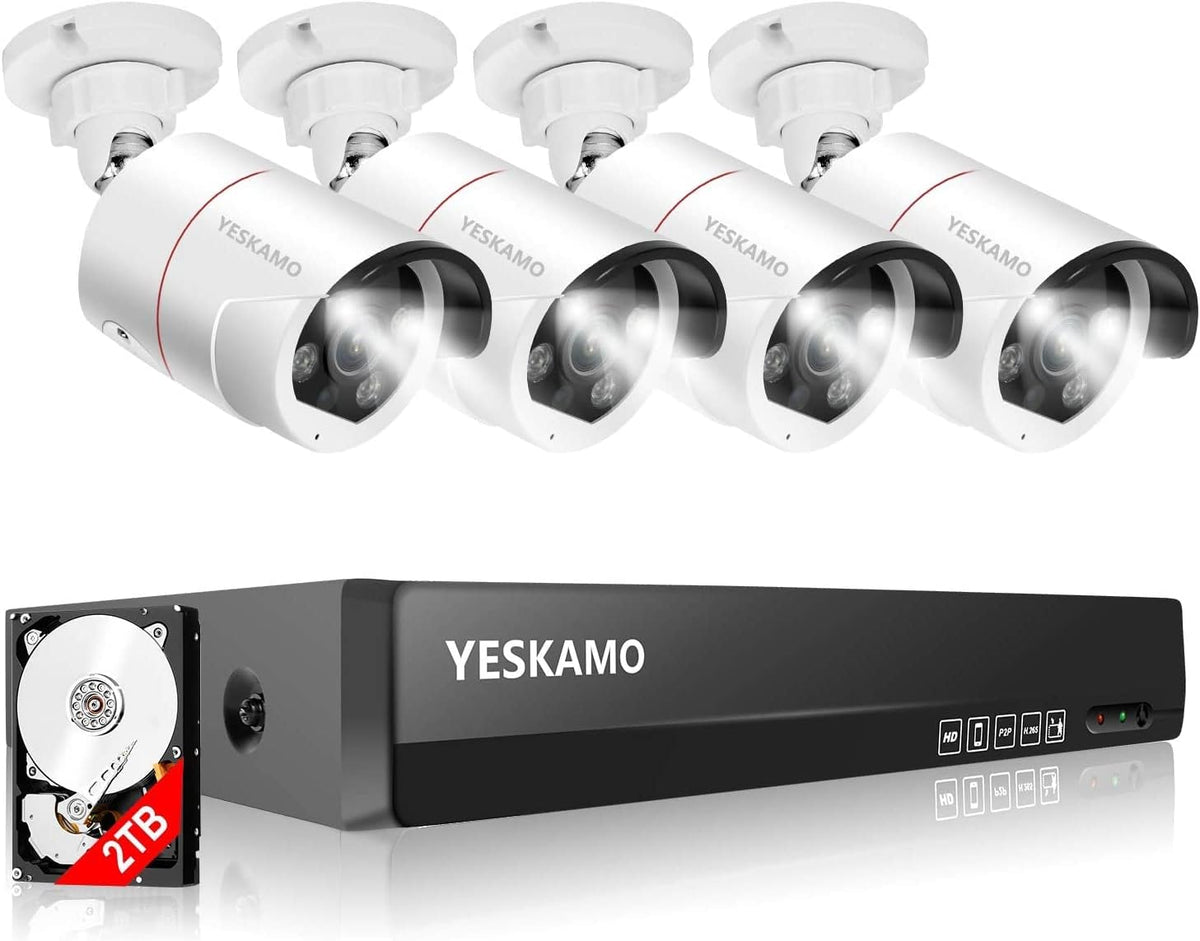 5MP PoE Security Camera System, 4pcs Wired Outdoor PoE IP Cameras, 8CH NVR with 2TB Hard Drive, Color Night Vision C9151