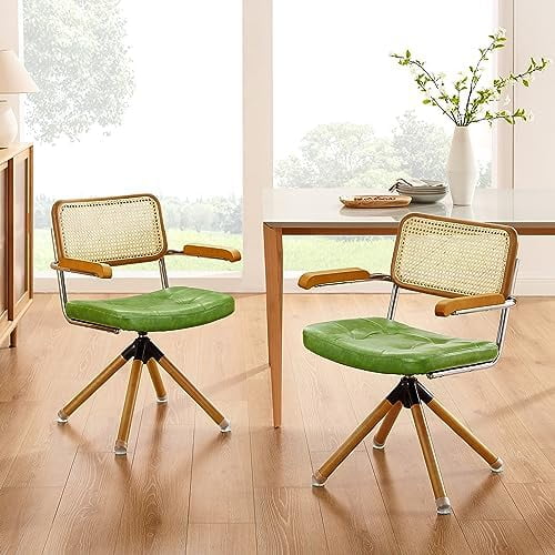 Rattan Faux Leather Office Chair with Wood Legs T29663