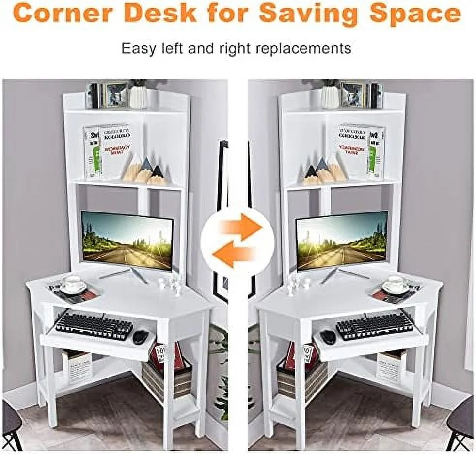 White Corner Computer Desk with Hutch and Shelves G89325
