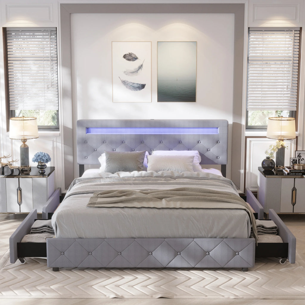 Full Size Upholstered Platform Bed Frame with LED Light Headboard R494