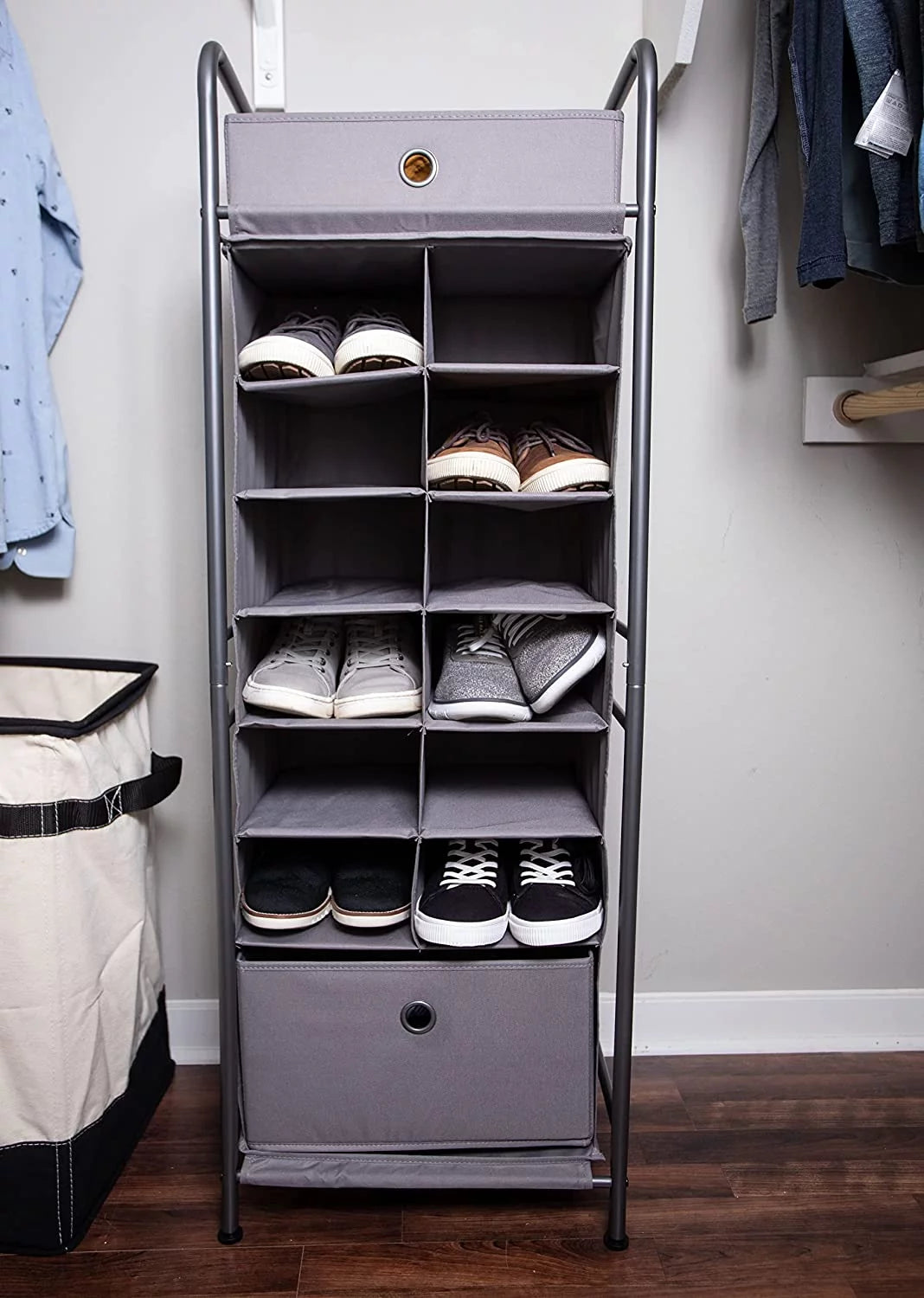 Grey 12 Cubby Vertical Shoe Rack Organizer with Drawer P5202