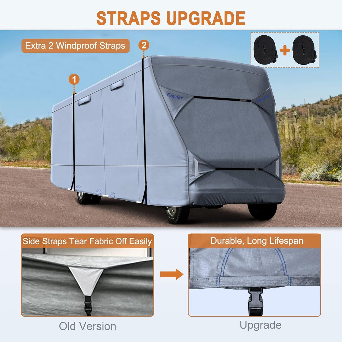 Windproof Waterproof Rip-Stop RV Cover for 23’-26’ Motorhome with 2Pcs Extra Long Straps & Gutter Covers U321