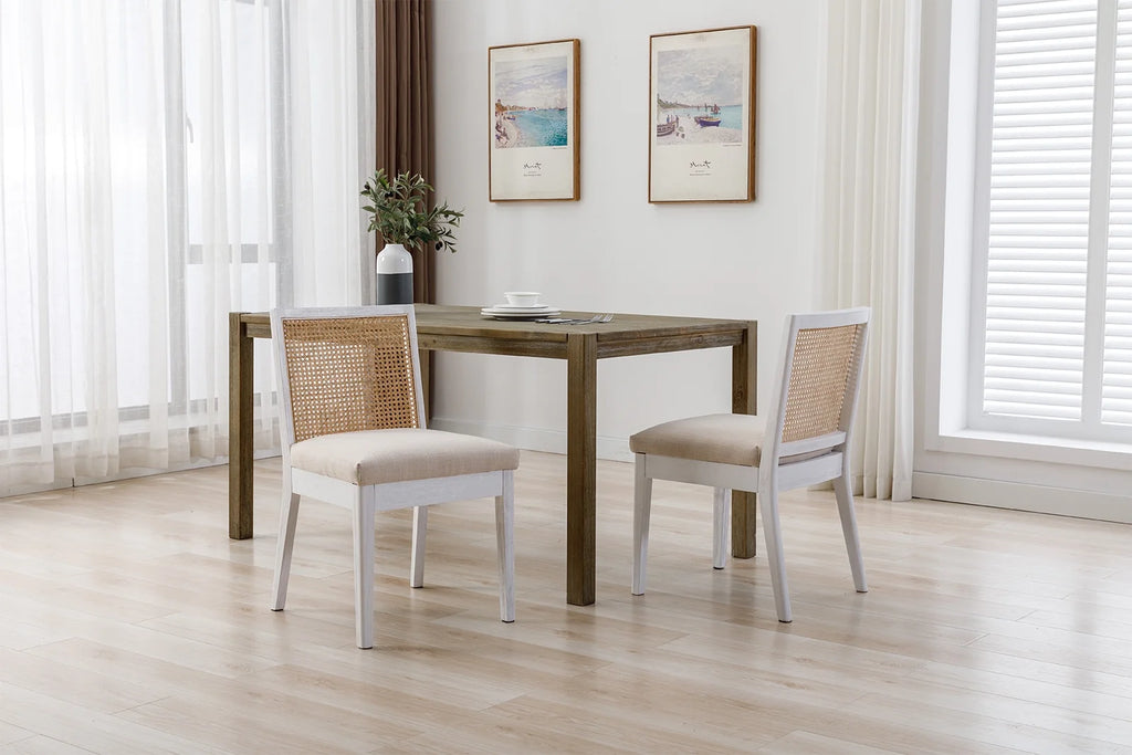 Beige Rattan Dining Chairs Set of 2 with White Hardwood Frame S6188