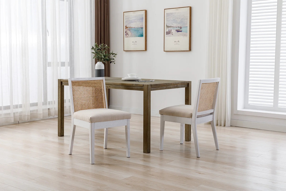 Beige Rattan Dining Chairs Set of 2 with White Hardwood Frame S6188
