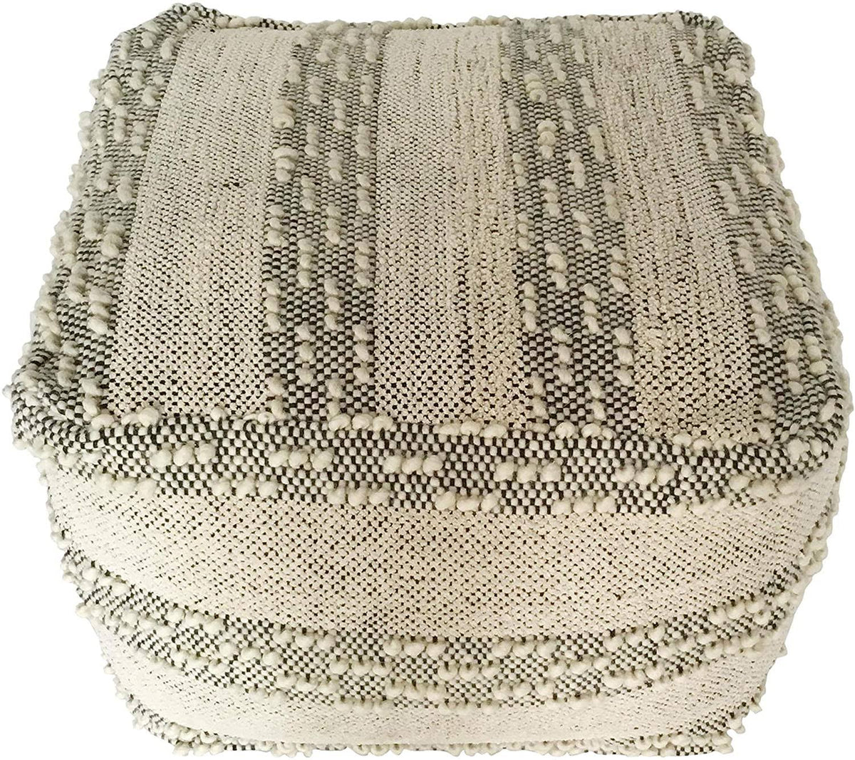 Grey Off/White Woven Striped Cotton Wool Square Pouf H862