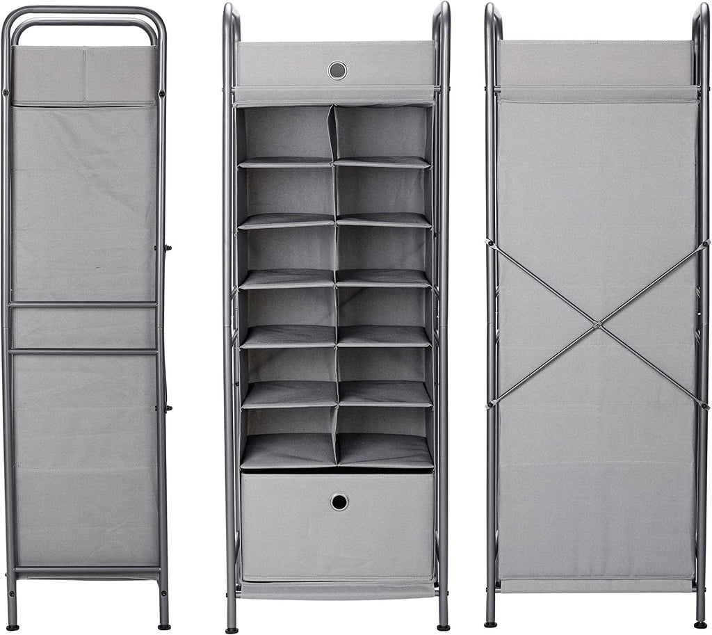 Grey 12 Cubby Vertical Shoe Rack Organizer with Drawer P5202