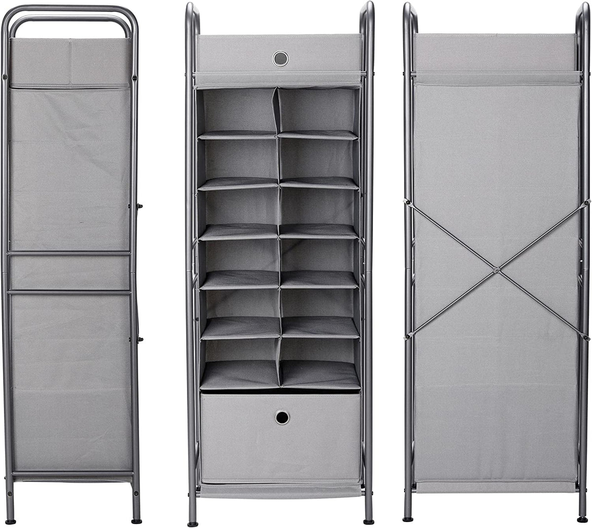 Grey 12 Cubby Vertical Shoe Rack Organizer with Drawer P5202