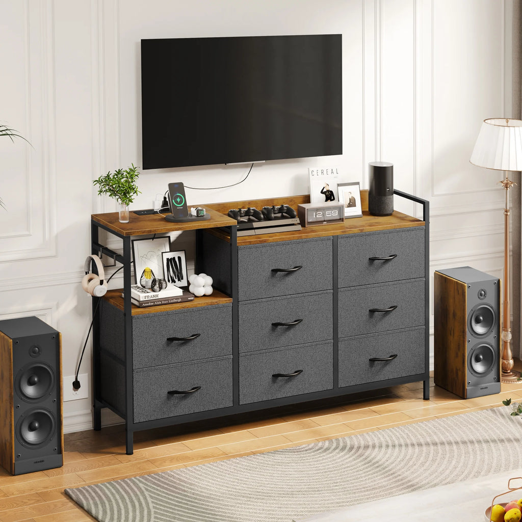 Black 8 Drawer Fabric Dresser with Wooden Top W884