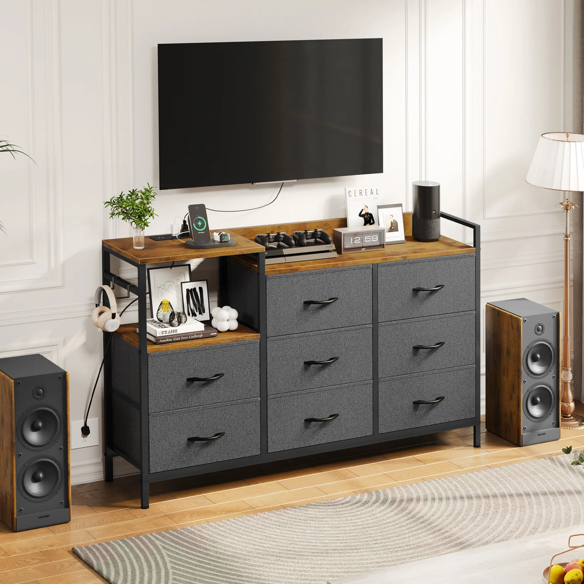 Black 8 Drawer Fabric Dresser with Wooden Top W884