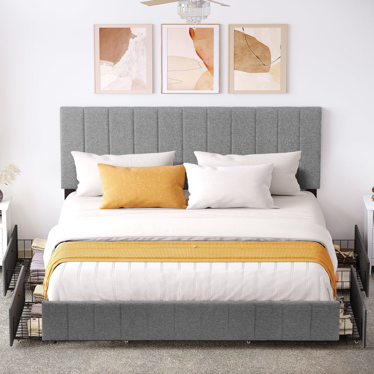 King Size Upholstered Bed Frame with 4 Storage Drawers D25656