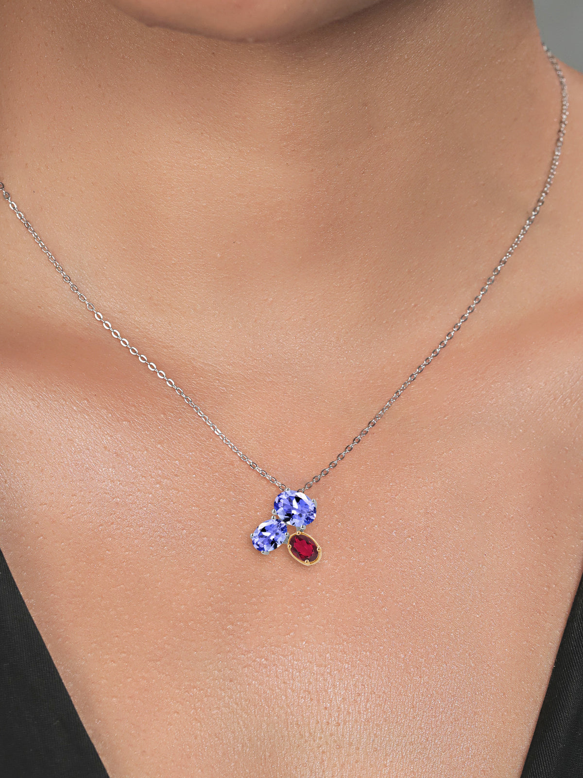 925 Silver 10K Yellow Gold Blue Tanzanite Ruby Red Mystic Topaz Pendant Necklace with 18 inch Chain G8710