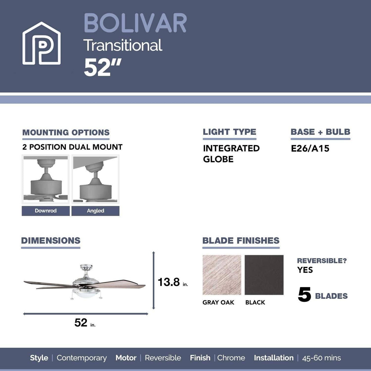 Chrome Contemporary Rustic Ceiling Fan, 52 LED H554367