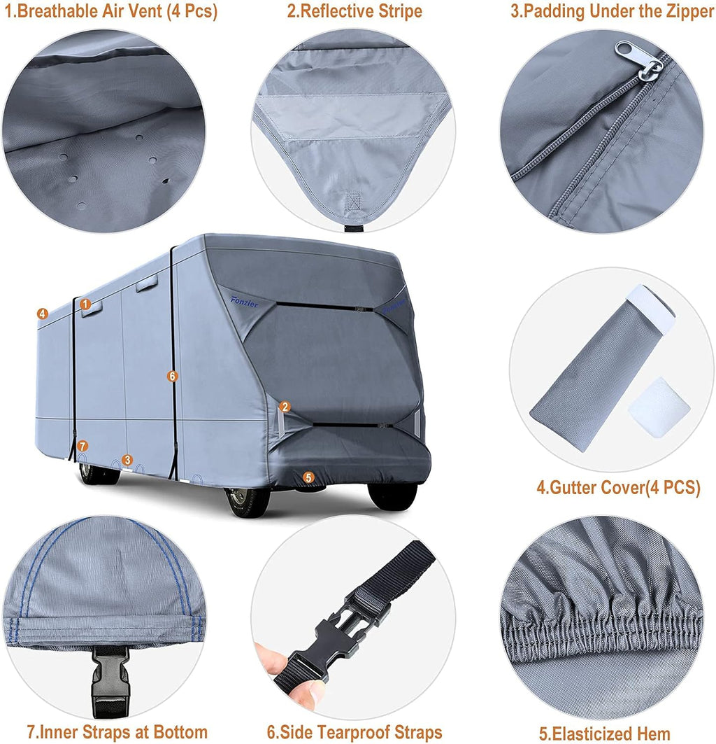 Windproof Waterproof Rip-Stop RV Cover for 23’-26’ Motorhome with 2Pcs Extra Long Straps & Gutter Covers U321