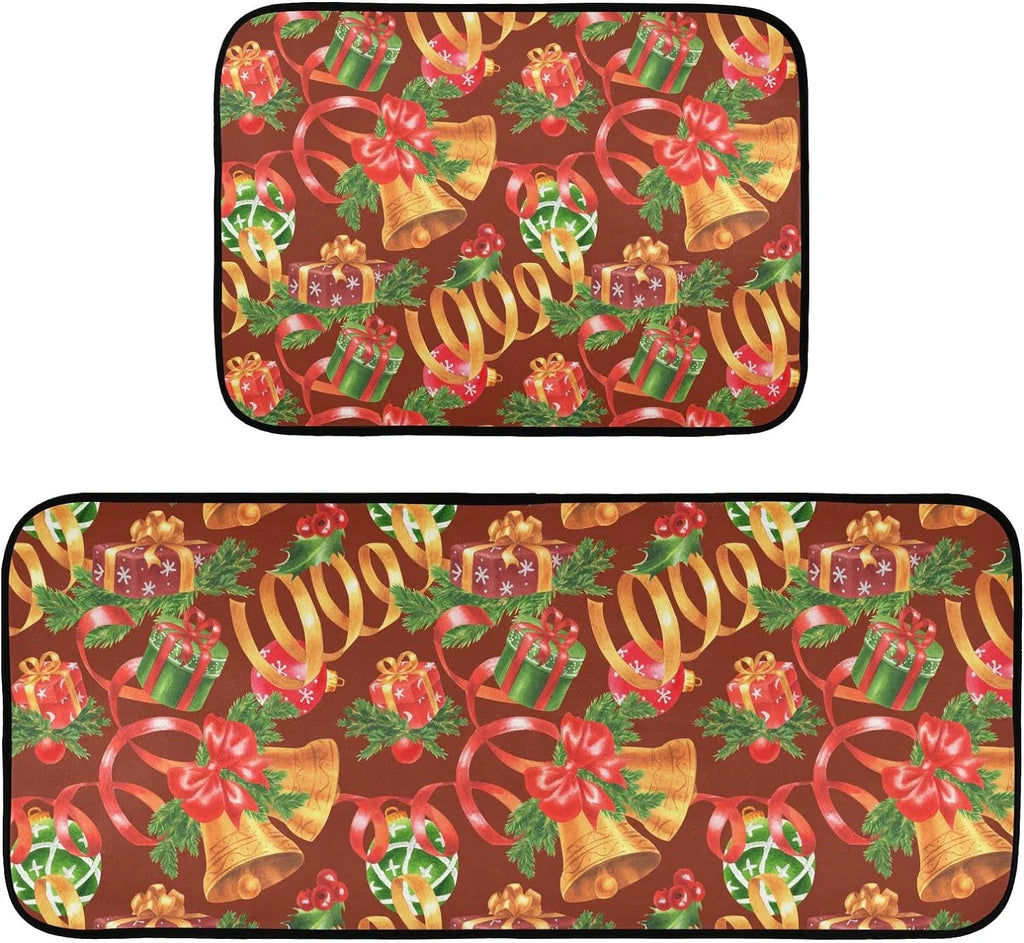 Christmas Jingling Bells Kitchen Mats Set of 2 Anti Fatigue Non Slip Floor Runner Rug 19.7x27.6 Inch + 19.7x47.2 Inch S993777