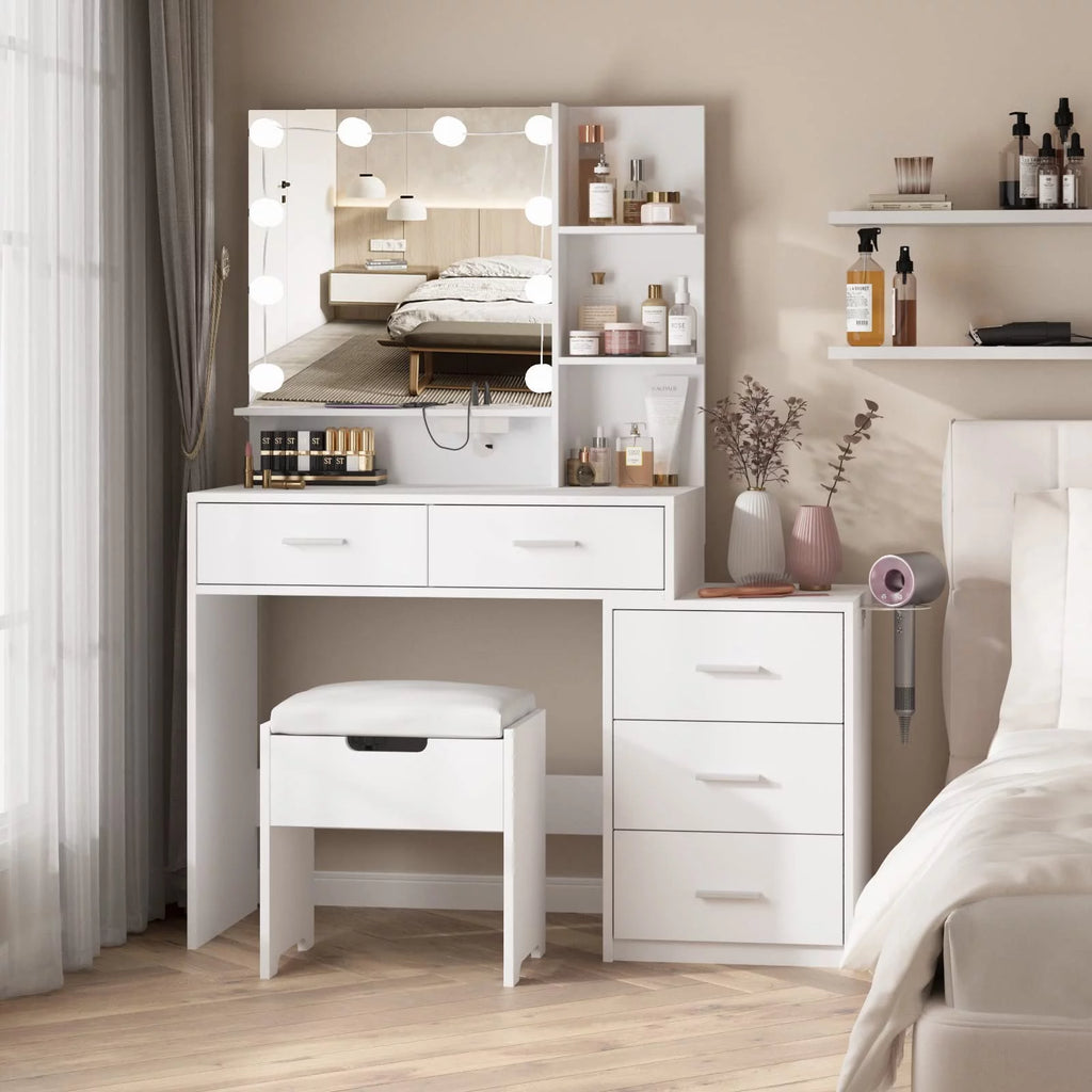 Modern Vanity Table Set with Lighted Mirror, 5 Drawer White A612
