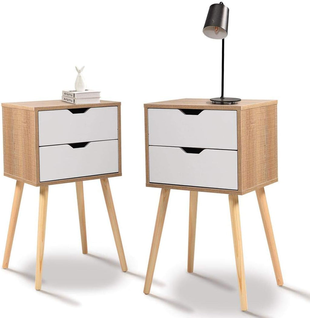 Set of 2 White & Walnut 2 Drawer Wood Nightstand Y9508