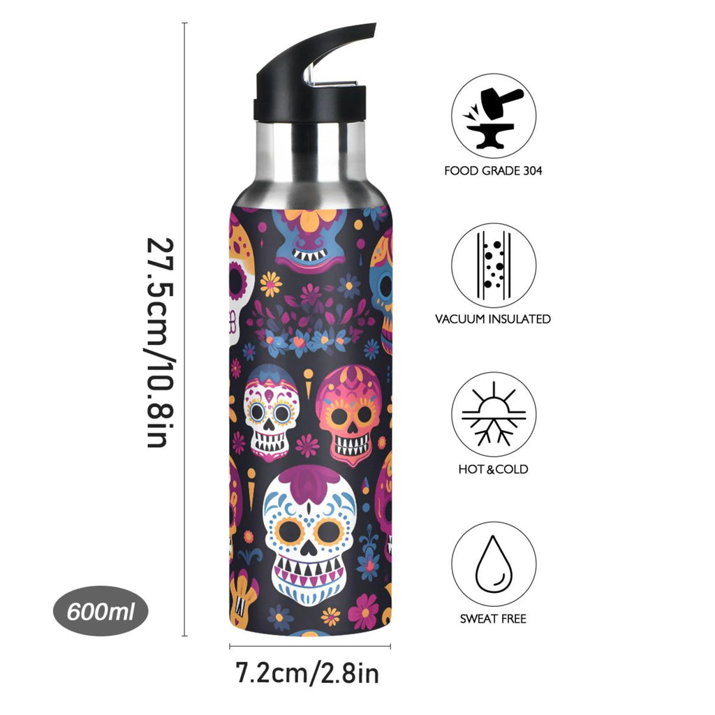 Colorful Skeletons Skulls Stainless Steel Insulated Water Bottle with Straw Lid Q162
