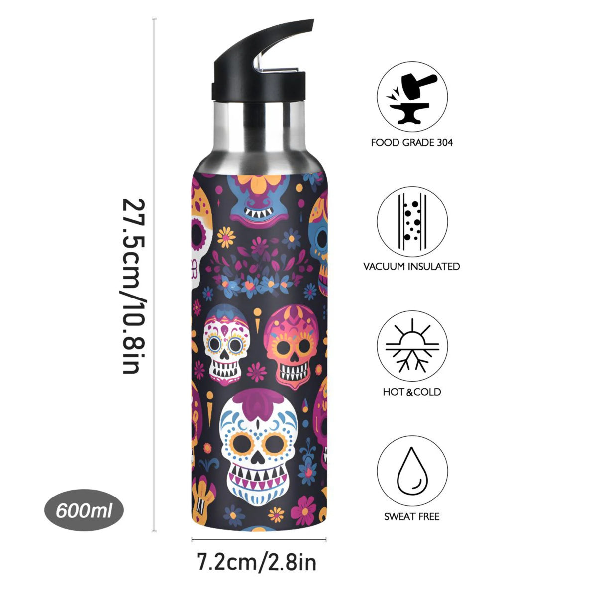 Colorful Skeletons Skulls Stainless Steel Insulated Water Bottle with Straw Lid Q162