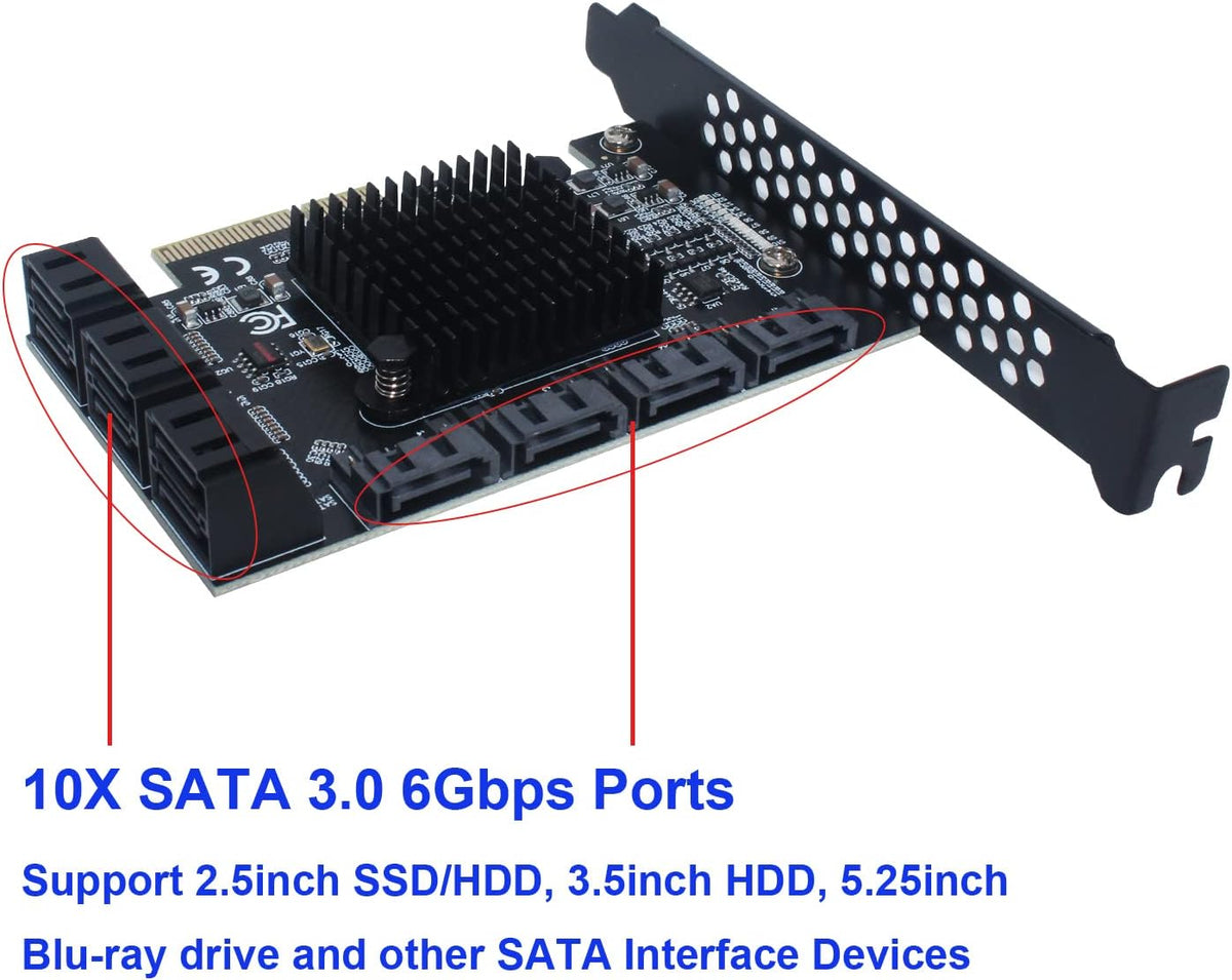 PCIe x4 to SATA 3.0 6Gbps Expansion Card with 10 SATA Cables and Low Profile Bracket K114
