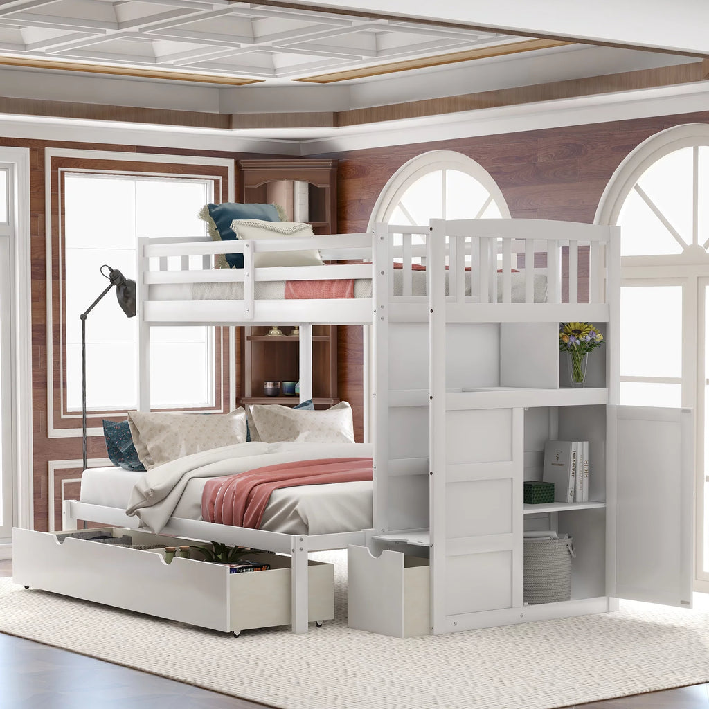 White Twin over Twin Bunk Bed with Drawer and Cabinet A705303