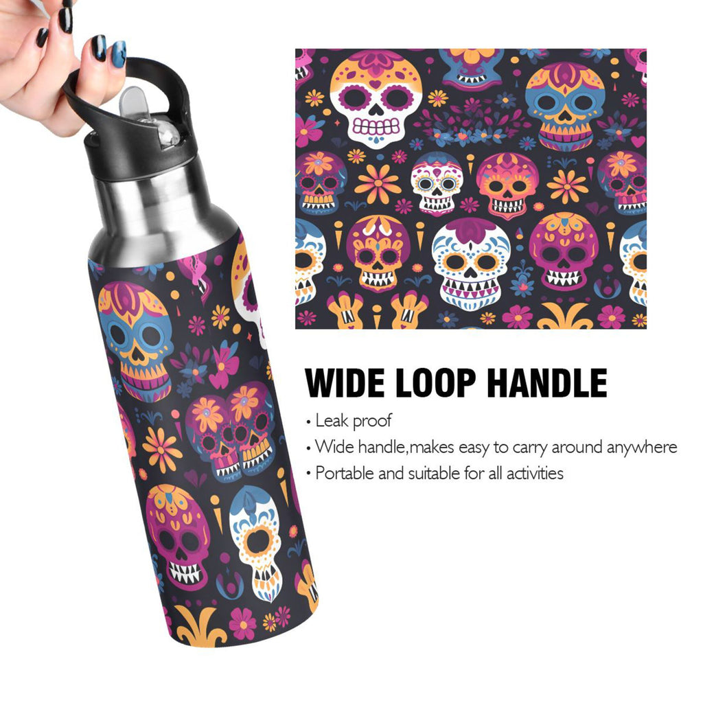 Colorful Skeletons Skulls Stainless Steel Insulated Water Bottle with Straw Lid Q162