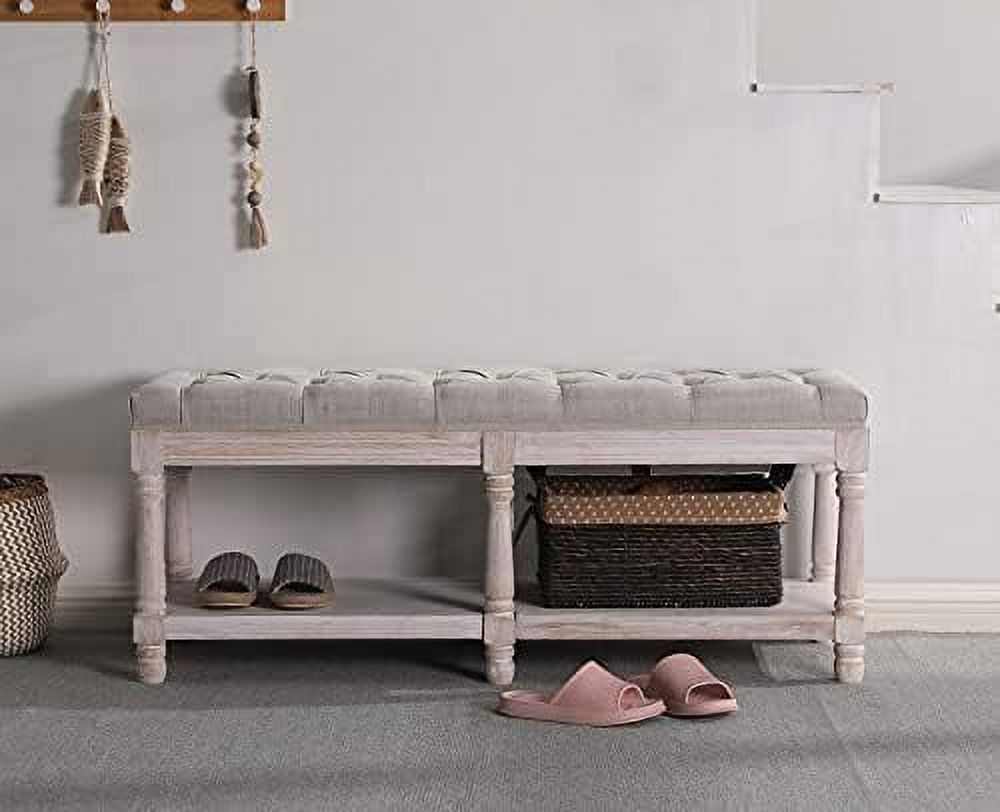 Beige Tufted Wood Entryway Bench K986