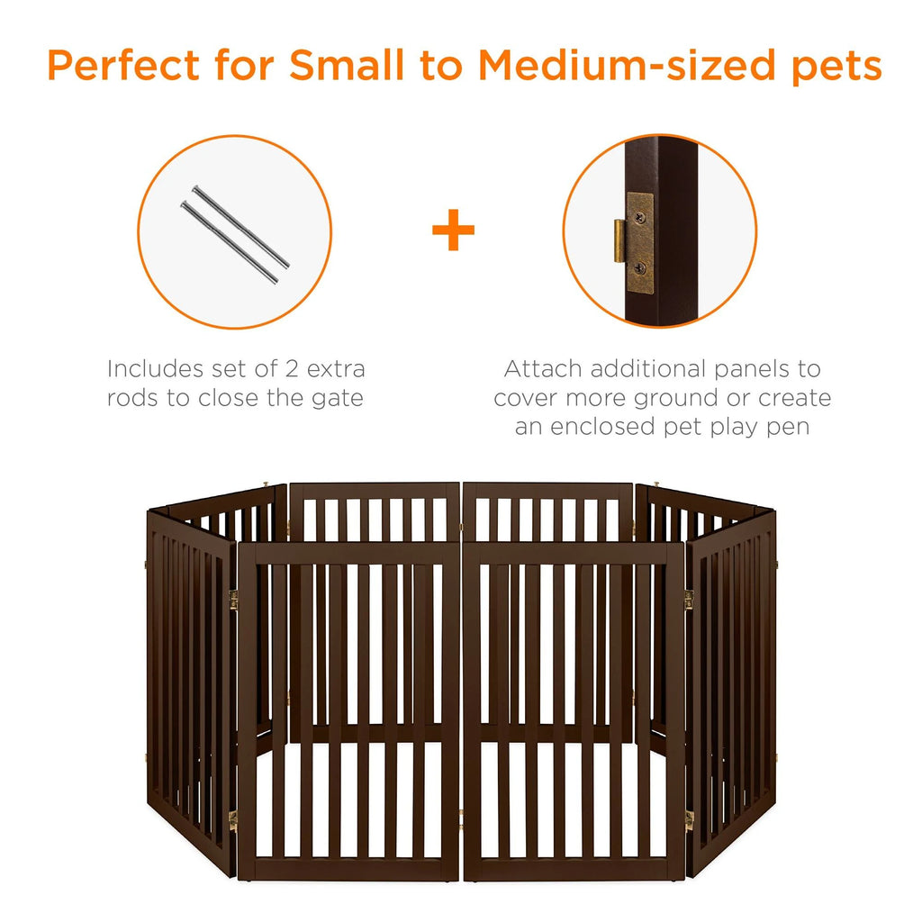 Espresso 4-Panel Freestanding Wooden Pet Gate with Walk Through Door S84487