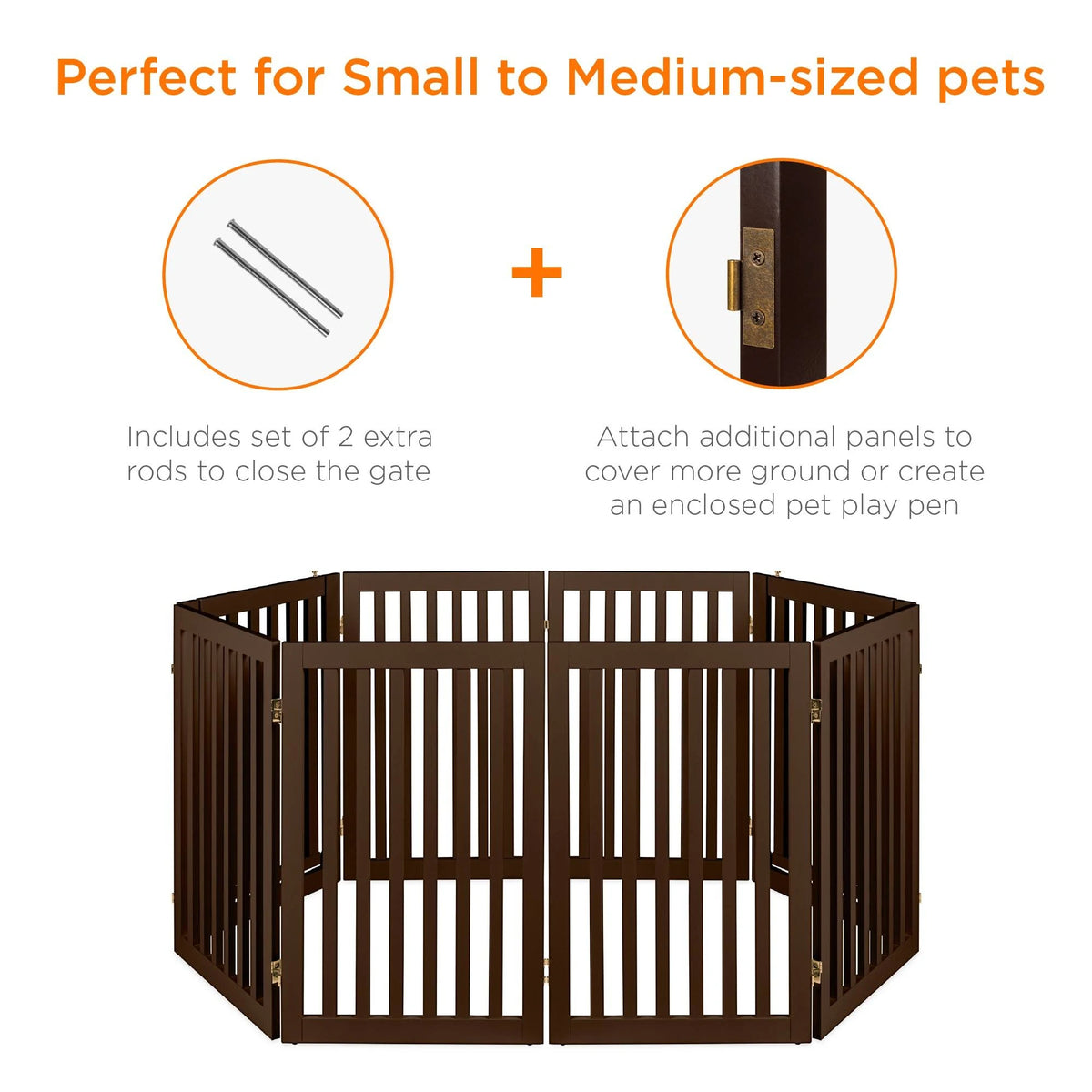 Espresso 4-Panel Freestanding Wooden Pet Gate with Walk Through Door S84487