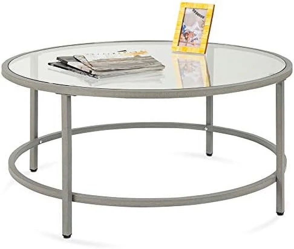 36in Round Tempered Glass Coffee Table with Metal Frame P1868