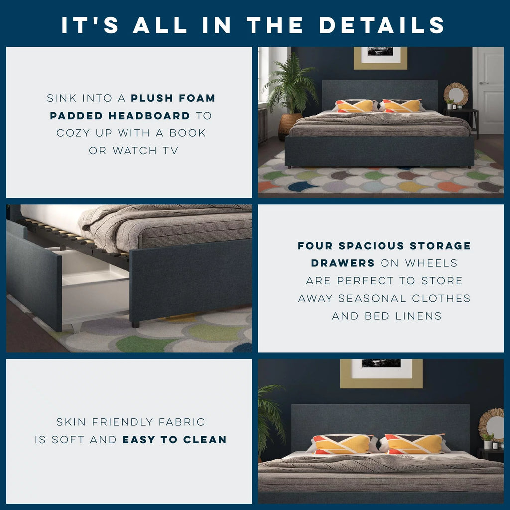 Dark Grey Linen Upholstered Storage Bed Frame P773