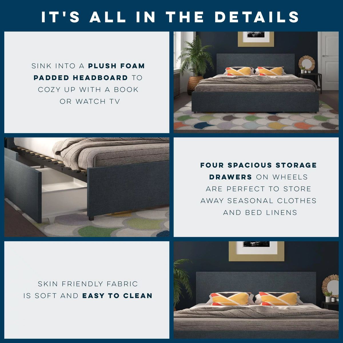 Dark Grey Linen Upholstered Storage Bed Frame P773