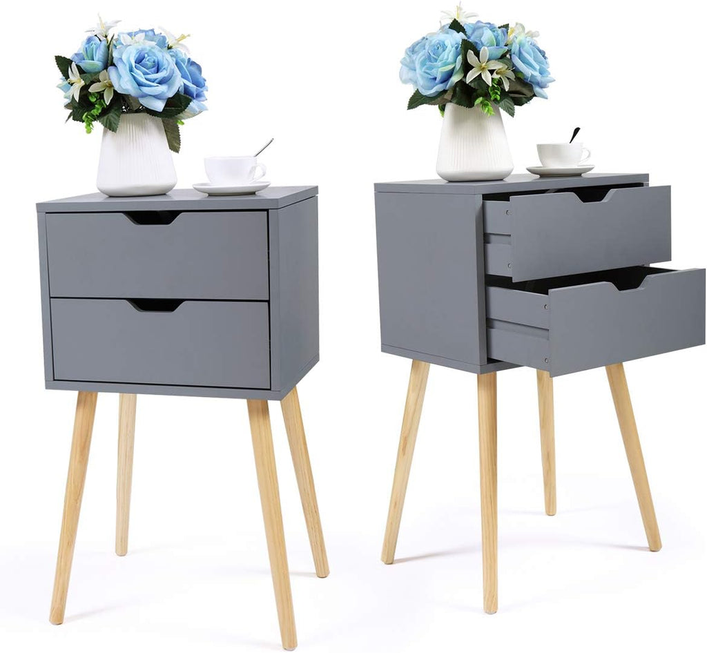 Set of 2 White & Walnut 2 Drawer Wood Nightstand Y9508