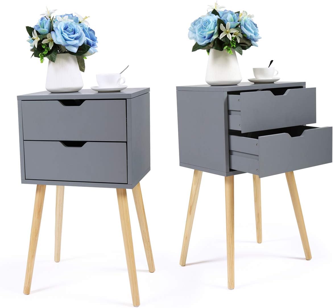 Set of 2 White & Walnut 2 Drawer Wood Nightstand Y9508