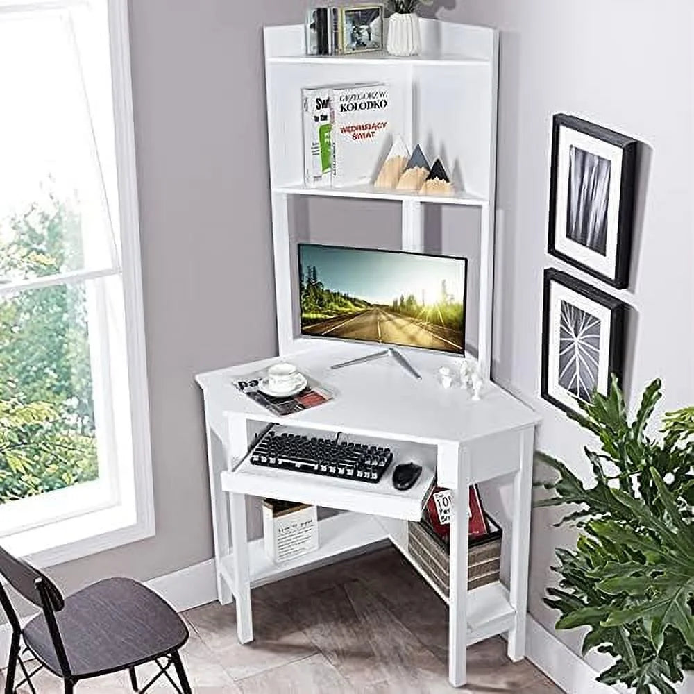White Corner Computer Desk with Hutch and Shelves G89325