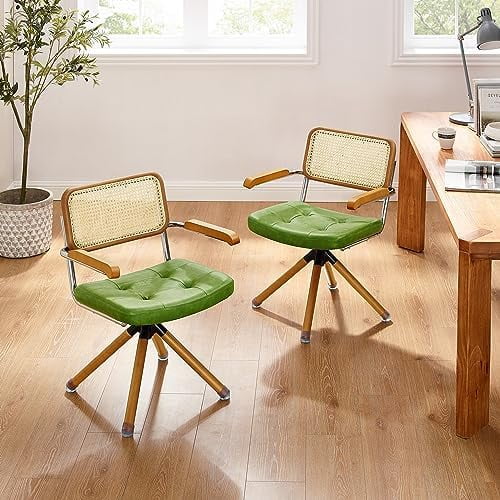 Rattan Faux Leather Office Chair with Wood Legs T29663