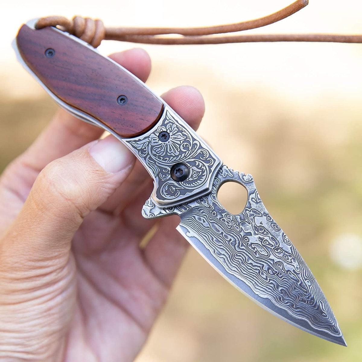 2.5in VG10 Damascus Steel Folding Pocket Knife with Rosewood Handle I8780