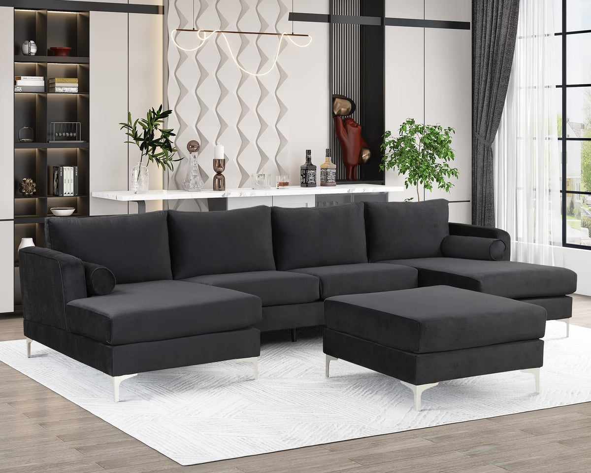 Black Velvet U-Shape Sectional Sofa with Ottoman Y535
