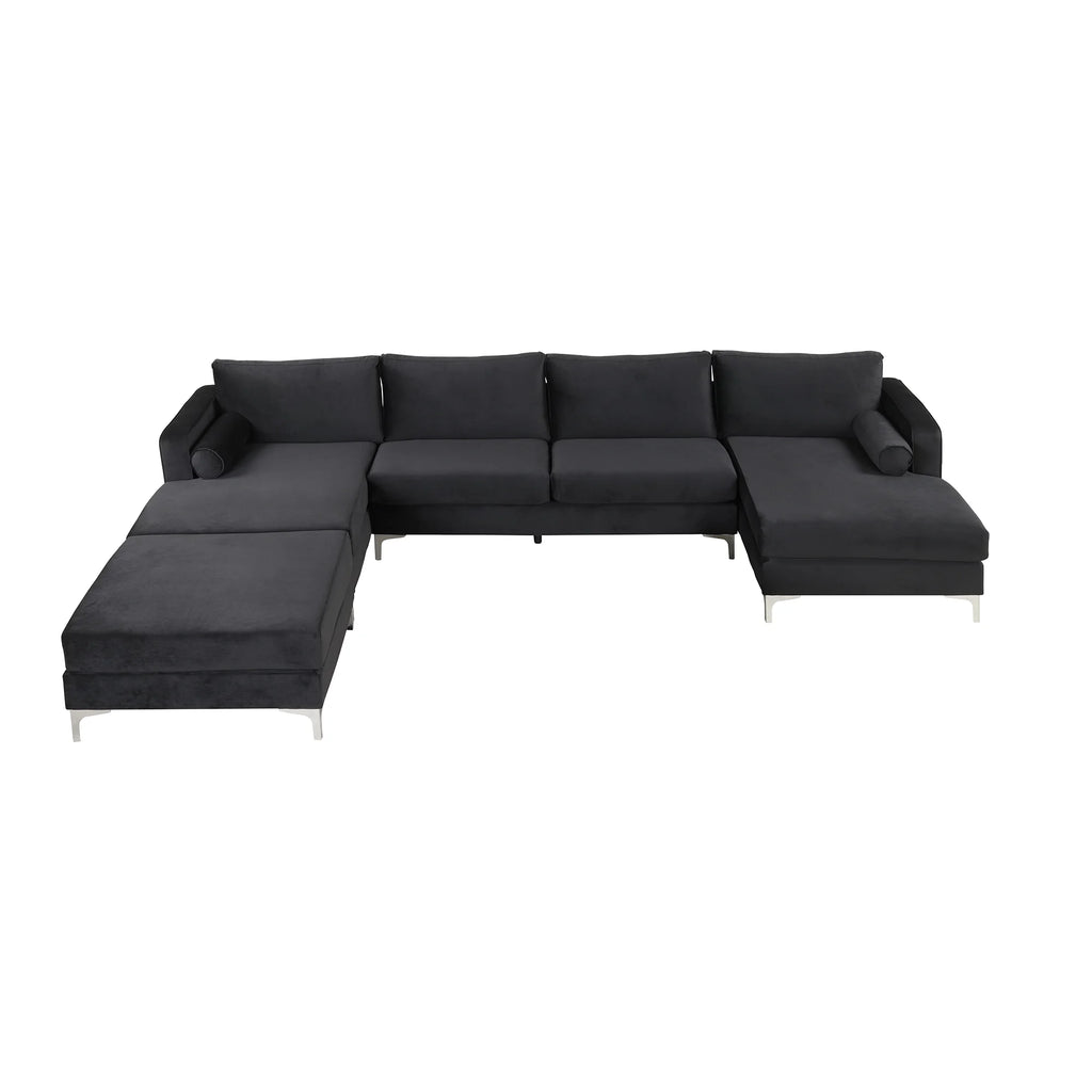 Black Velvet U-Shape Sectional Sofa with Ottoman Y535