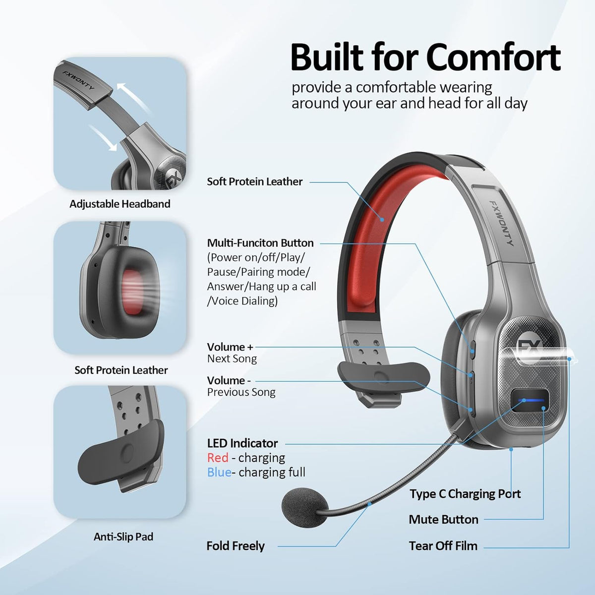 Bluetooth Headset with Microphone Noise Canceling, On-Ear Bluetooth 5.0 Multipoint Headphones, Pack of 2 Q54481