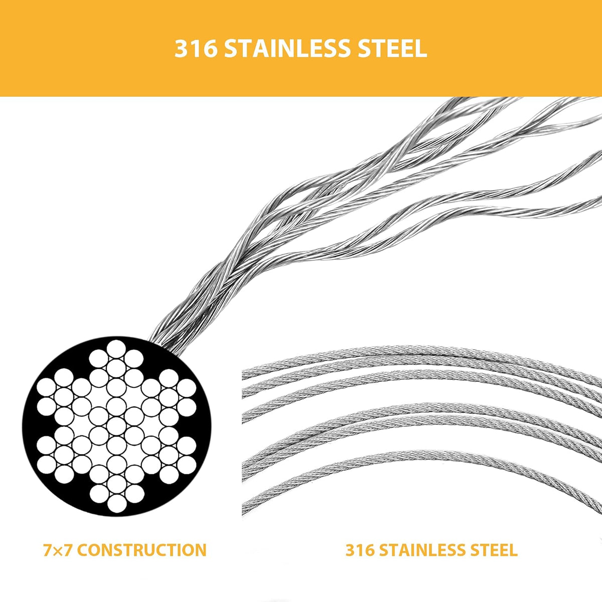1/8 Stainless Steel Cable Wire Rope, 400FT T316 7x7 Strand Core L7157