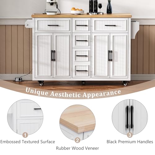 56.5" Rolling Kitchen Island with Drop Leaf, Power Outlet, 4 Doors, 5 Drawers, Black F3016